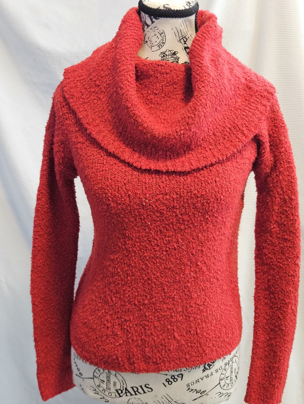 SO Womens Small Red Chenille Sweater Off Shoulder Cowl Neck Long Sleeve Fuzzy